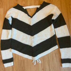 Striped V-Neck Sweater - Green and White
